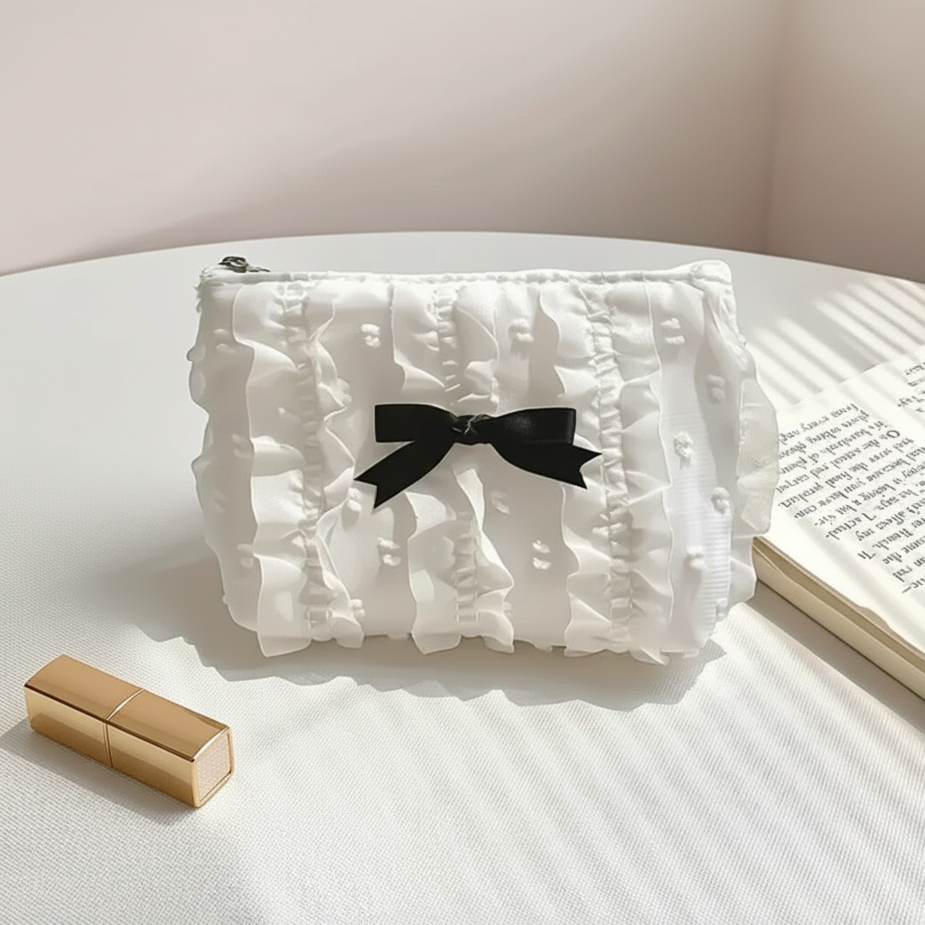 Ruffled Bow Cosmetic Pouch - Cloud.
