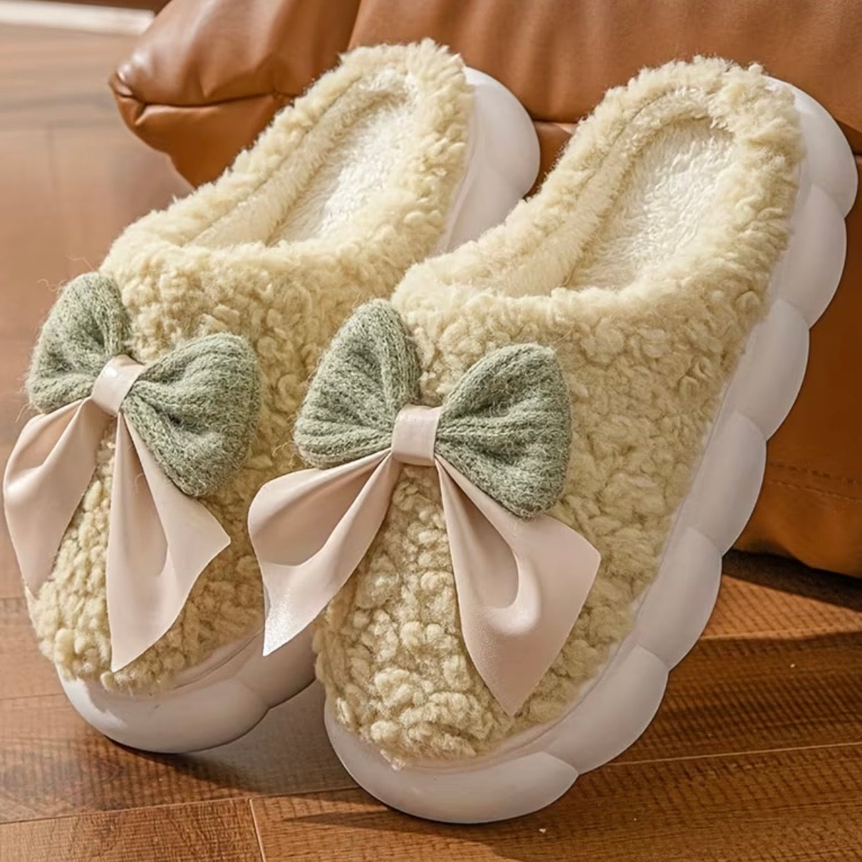 LuxeLounge Bow Slippers - Caramel Ribboned Collective