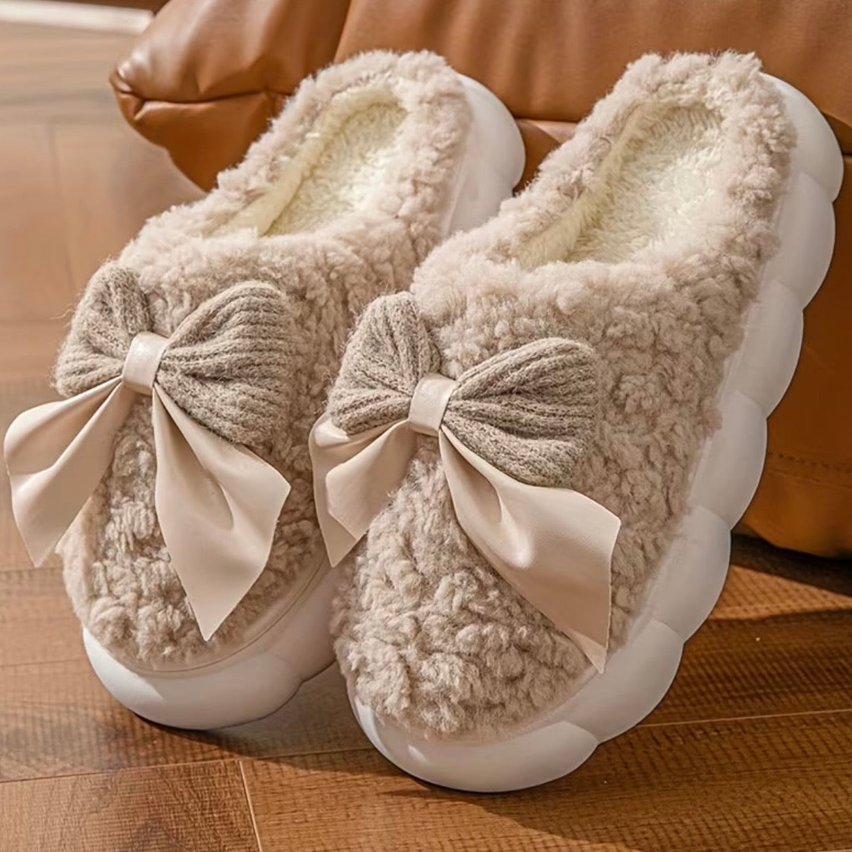 LuxeLounge Bow Slippers - Cocoa Ribboned Collective