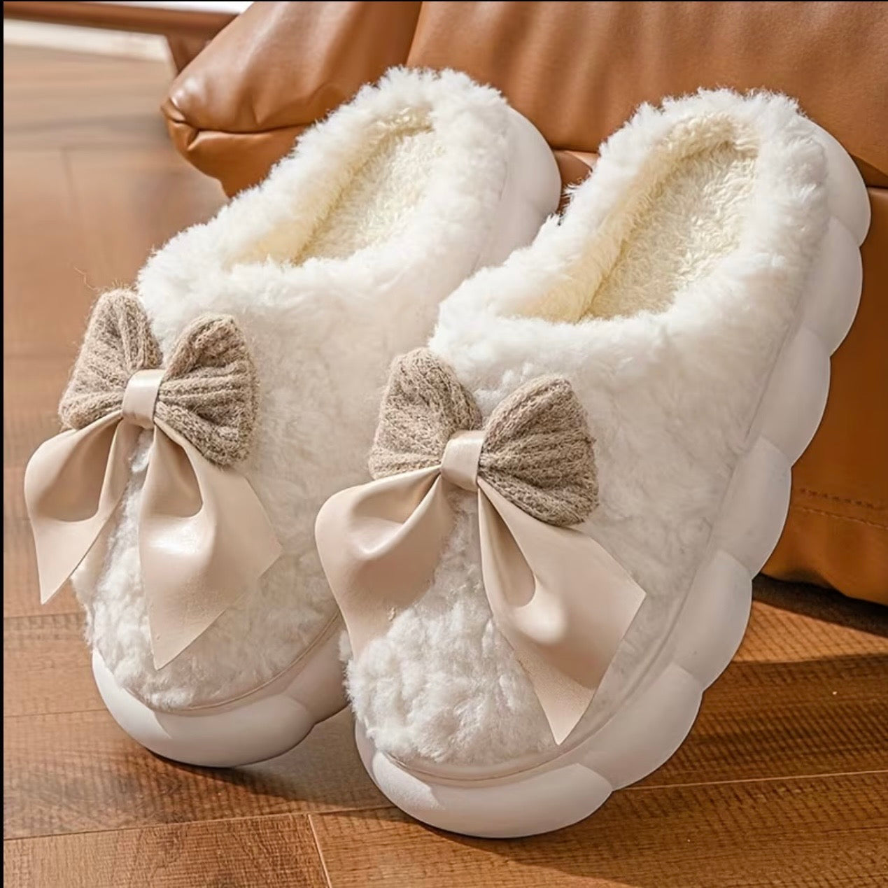 LuxeLounge Bow Slippers - Vanilla Ribboned Collective