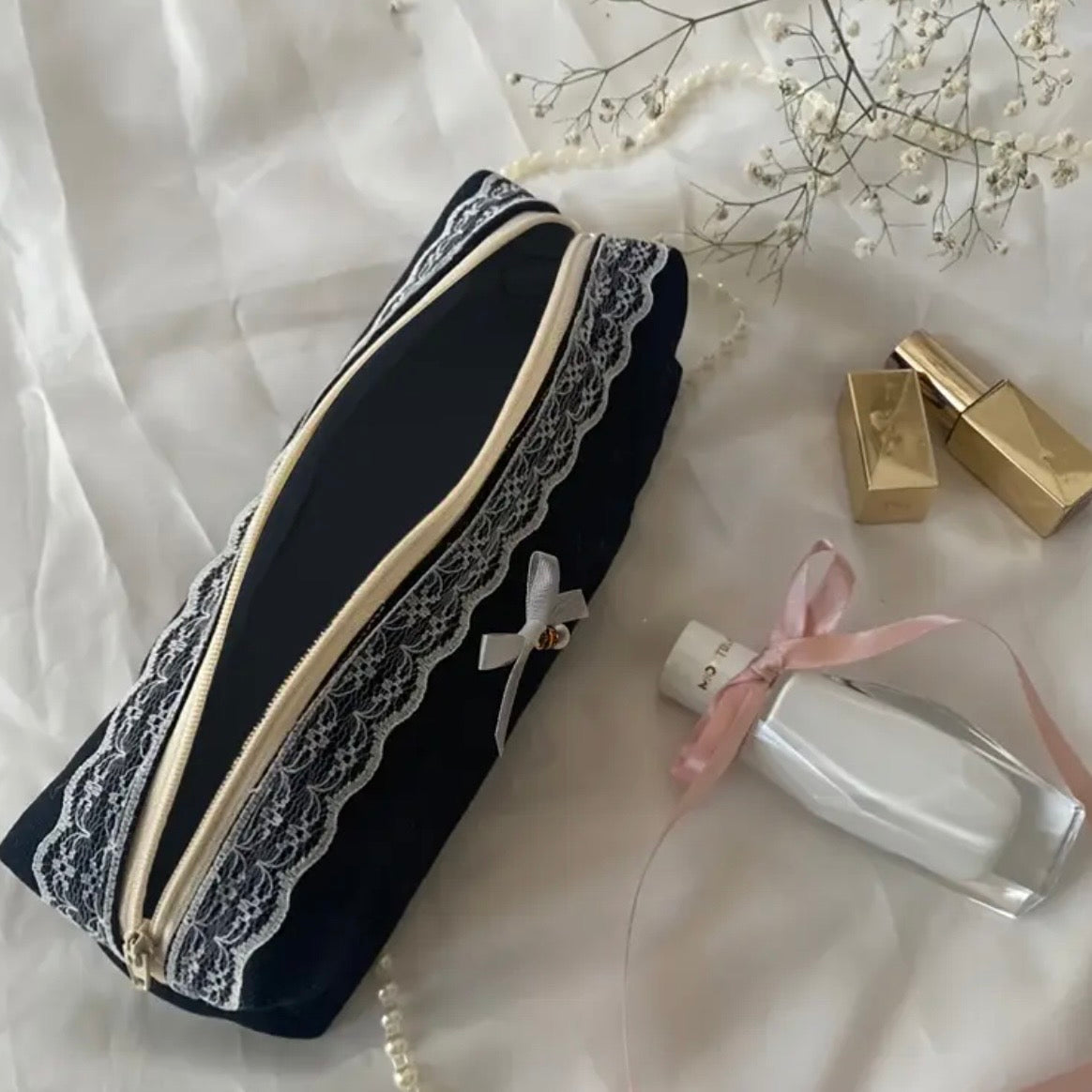 Lace Pearl Midnight Cosmetic Bag — Petite.