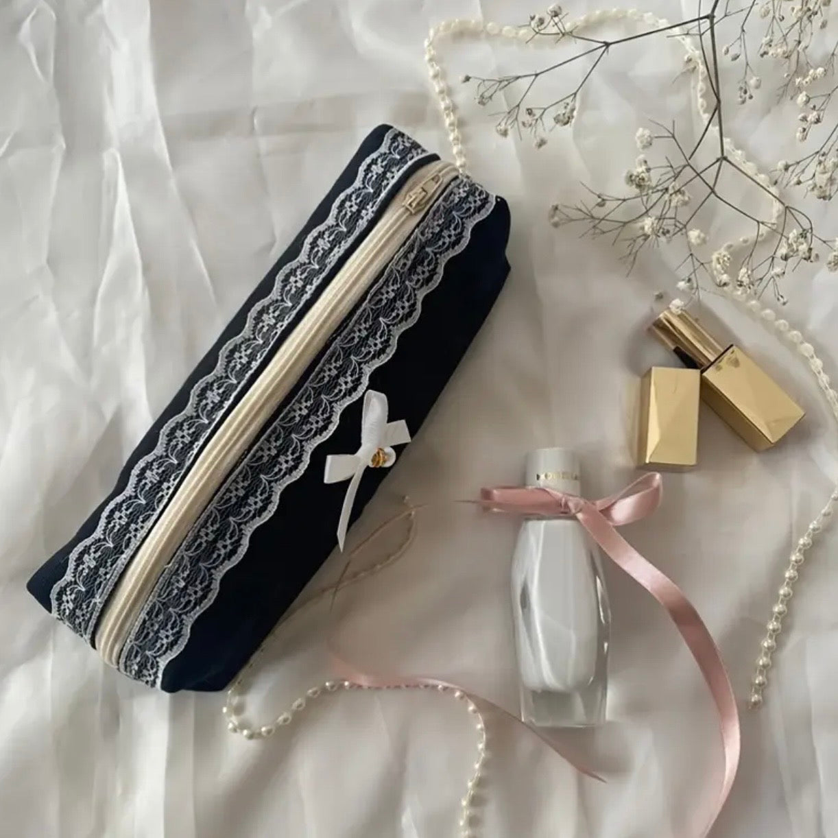 Lace Pearl Midnight Cosmetic Bag — Petite.