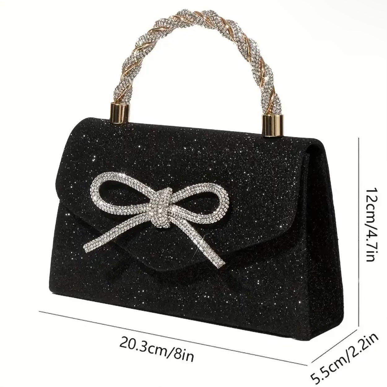 Black glittery handbag with a bow and rhinestone handle, shown with dimensions on a white background.